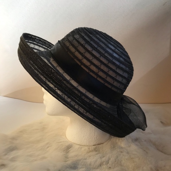 Vintage Black Net Straw Striped Rolled Brim Hat main image 5